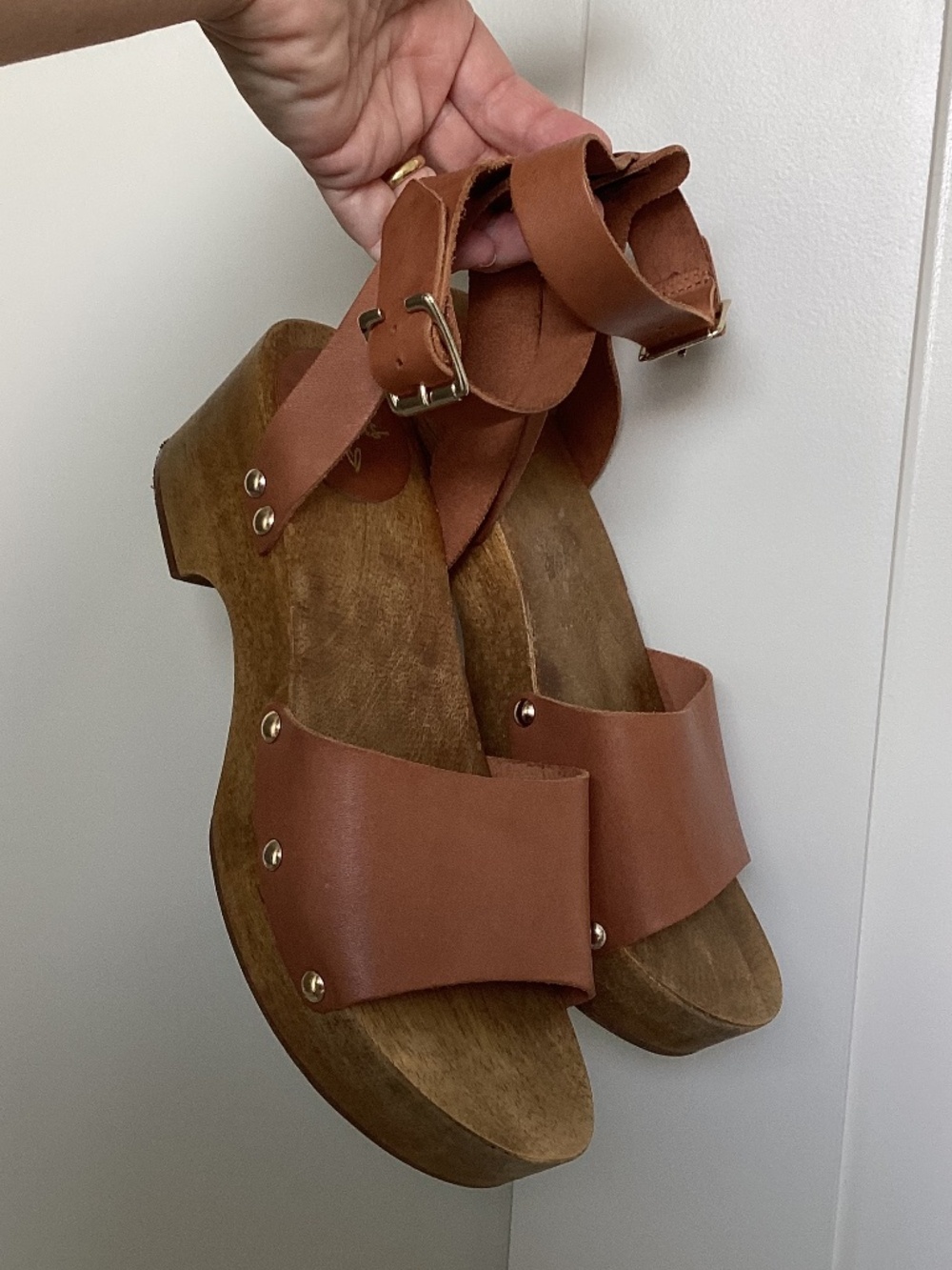 Lulus Willy cognac leather wooden clog platform wedge sandals 6.5 boho retro 70s